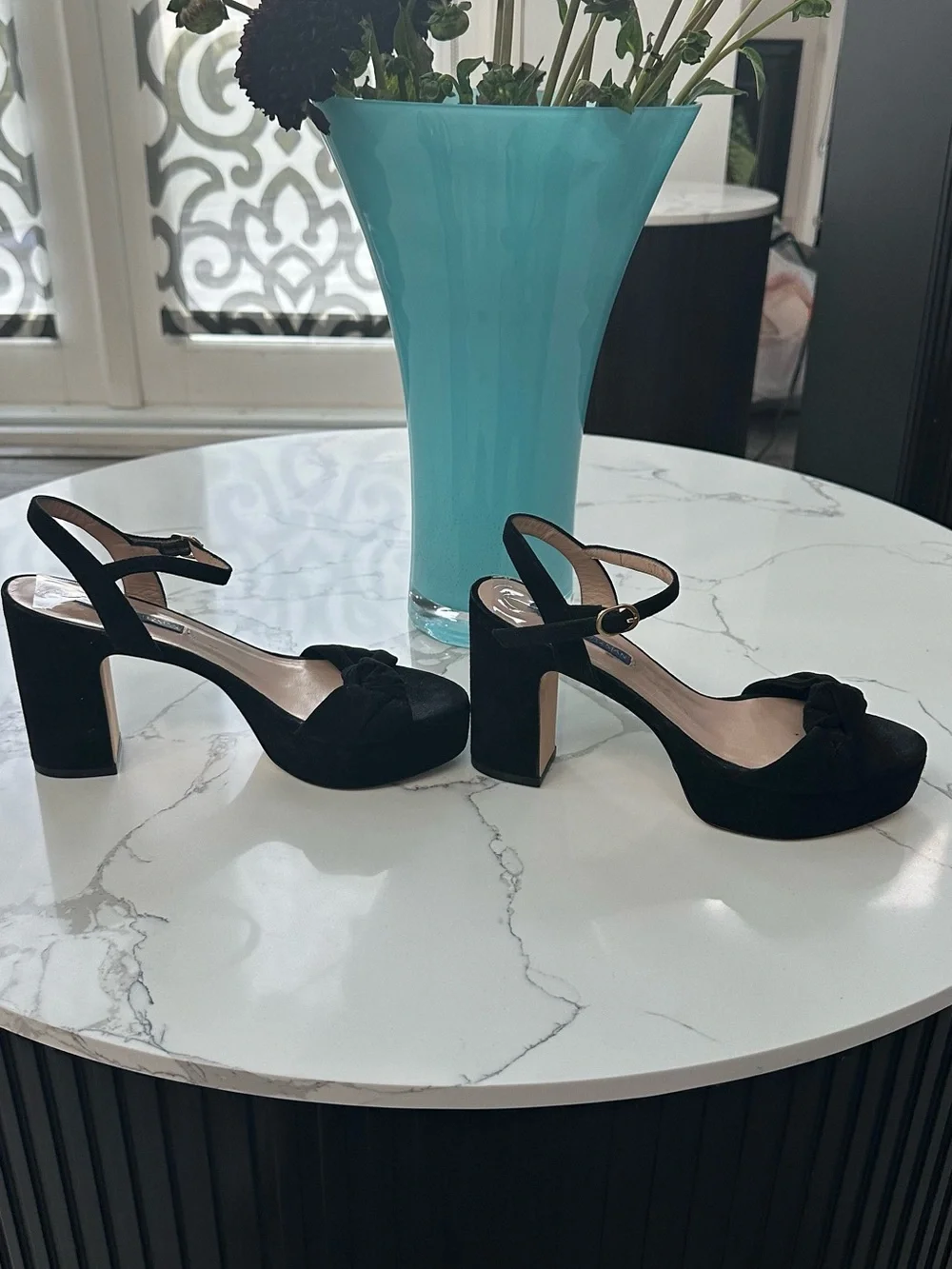 Stuart Weitzman Black Suede Bow Block Heel Sandals